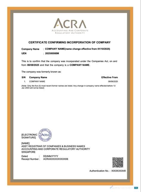 Singapore certificate confirming incorporation of company Word and PDF template